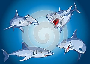 Set of scary sharks in cartoon style