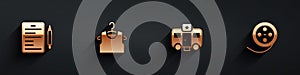 Set Scenario, Sleeveless T-shirt, Actor trailer and Film reel icon with long shadow. Vector