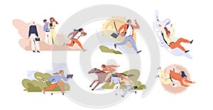 Set of scenes of hectic pace of life vector flat illustration. Collection of different people in hurry. Busy men and photo