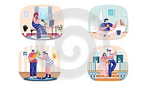 Set of scenes about household chores and pets. Person spending time in apartment with animals