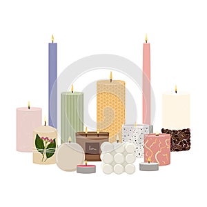 Set of scented burning candles stand together. Beeswax, paraffin, soy, coconut wax candles in jar and pillar. Aroma candles