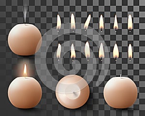 Set of scented round wax burning candles and fire flames with wick different shapes isolated on transparent background. Realistic