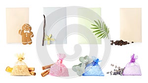Set of scented sachets with different aromas on white background. Banner design