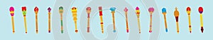 Set of scepter. symbol of monarchy. cartoon icon design template with various models. vector illustration isolated on blue