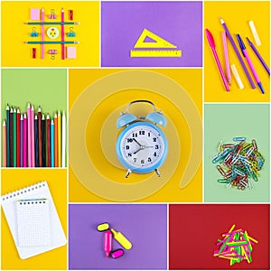 Set of school accessory for learning letter drawing education on background of multicolored paper.