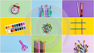 Set of school accessory for learning letter drawing education on background of multicolored paper