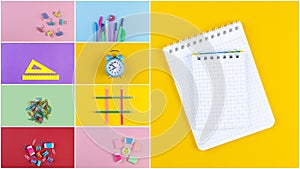 Set of school accessory for learning letter drawing education on background of multicolored paper