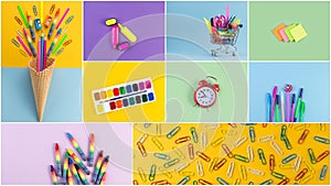 Set of school accessory for learning letter drawing education on background of multicolored paper.