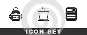 Set School backpack, Stage stand and Dossier folder icon. Vector