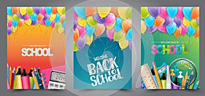 A set of school flyers or posters with coloful ballons and study supplies.