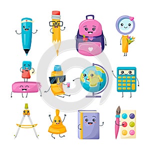 Set of school funny office supplies characters. School writing stationery.