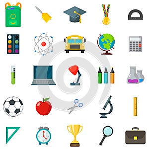 Set of school icons. Cartoon and flat style. White background. Vector illustration.