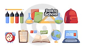Set School Items Rucksack, Highlighters, Notebook, Chemical Flasks And Ruler. Alarm Clock, Clipboard With Pencil, Laptop