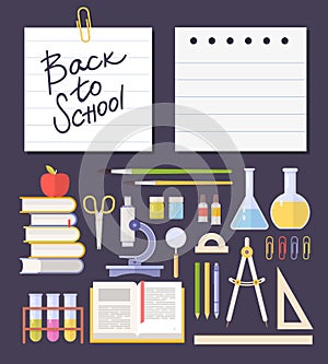 Set school items, supplies: schoolbook, microscope, chemical test tube, books, scissors on dark background.