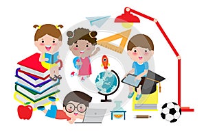 Set of school kids in education concept, back to school template with children, kids summer camp, back to school vector