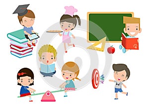 Set of school kids in education concept,happy cartoon kids in classroom,children playing and lifestyle, child go to school