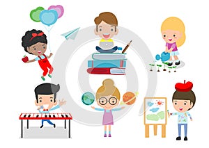 Set of school kids in education concept,happy cartoon kids in classroom,children playing and lifestyle, child go to school