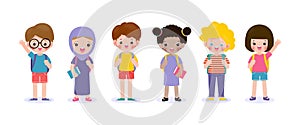 Set of school kids with school supplies, preschoolers children teenagers characters in different poses and Pupils with books