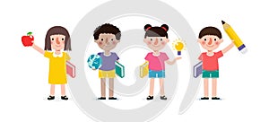 Set of school kids with school supplies, preschoolers children teenagers characters in different poses and Pupils with books