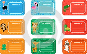 Set of school labels with cute animals and birds. Tiger, monkey and seven more funny animals.