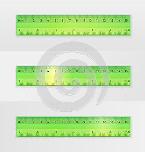 Set of school measuring transparent plastic ruler of green color 15 centimeters and 6 inches