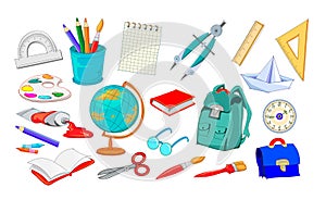Set of school objects. Back to school. Educational tools elements. Illustration of education supplies. Isolated drawings on white