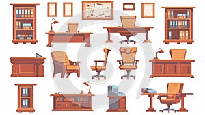 A set of school principal or dean office furniture, a wooden table, chairs, a bookcase, a printer, and certificates in photo