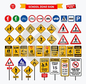 Set of school sign zone, pedestrian, and other street school zone