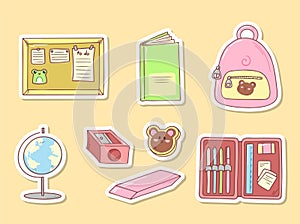 Set of school stationery supplies in cartoon style. School bag, globe, book. Hand drawn doodle stickers. Colored vector