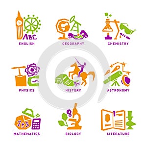 Set with school subjects icons for design. Vector