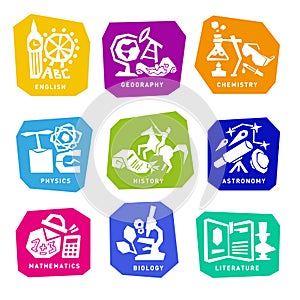 Set with school subjects icons for design. Vector