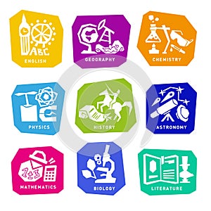 Set with school subjects icons for design. Vector photo