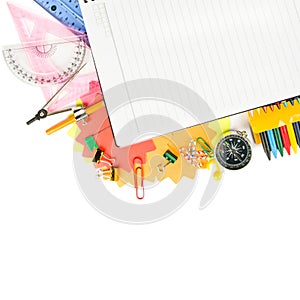 Set of school supplies isolated on white . Free space for text