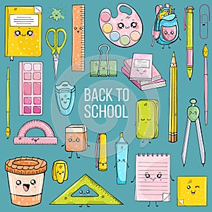 Set of school supplies in kawai style on blue background photo