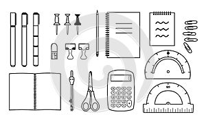 Set of school supplies. Minimalist office accessories line art. Hand drawn vector stationary tools for college education