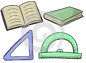 A set of school supplies, for returning to school, an open book, a closed book, a triangular ruler, a transport