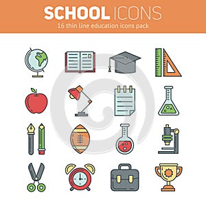 A set of school thin lined flat icons with education elements