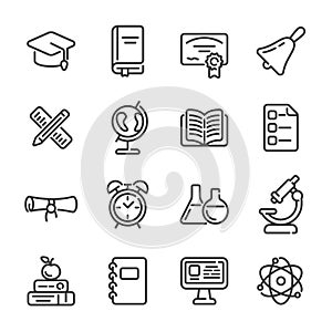 Set of school or university education outline icons. Vector illustration.