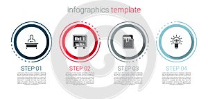 Set Schoolboy sitting at desk, Shelf with books, Book and Light bulb. Business infographic template. Vector