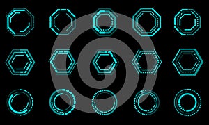 Set of sci fi blue geometric user interface elements technology futuristic design modern creative on black background vector