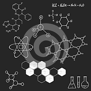 Set on science and chemistry. Structure of the DNA molecule, atoms, molecular structure. White outline on a dark