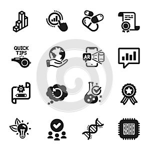 Set of Science icons, such as Cogwheel blueprint, Chemistry lab, Tutorials. Vector