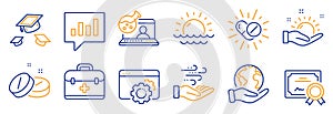 Set of Science icons, such as Medical tablet, Throw hats, Wind energy. Vector