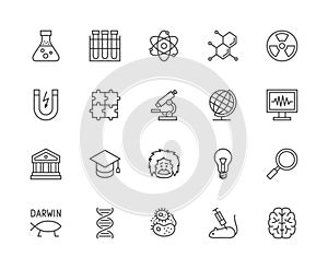 Set of Science Line Icons. School Globe, Professor, Evolution, Dna and more.