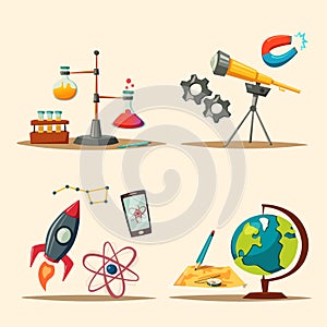 Set of science logo. Cartoon vector illustration. Education theme