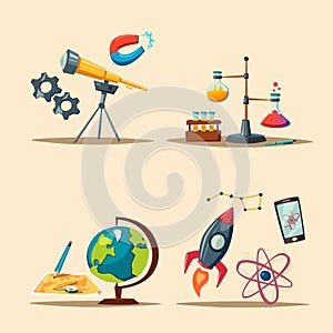 Set of science logo. Cartoon vector illustration. Education theme