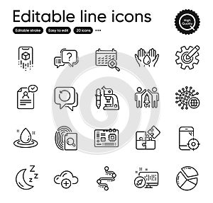 Set of Science outline icons. Contains icons as Pie chart, Seo phone and Cloud computing elements. For website. Vector