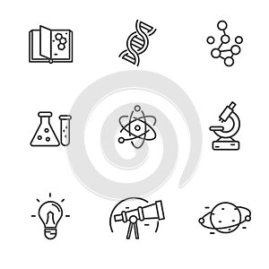 Set of science related icons in black line design