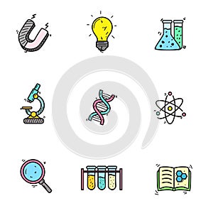 Set of science related icons in colorful doodle hand drawn style
