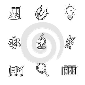 Set of science related icons in cute doodle hand drawn style